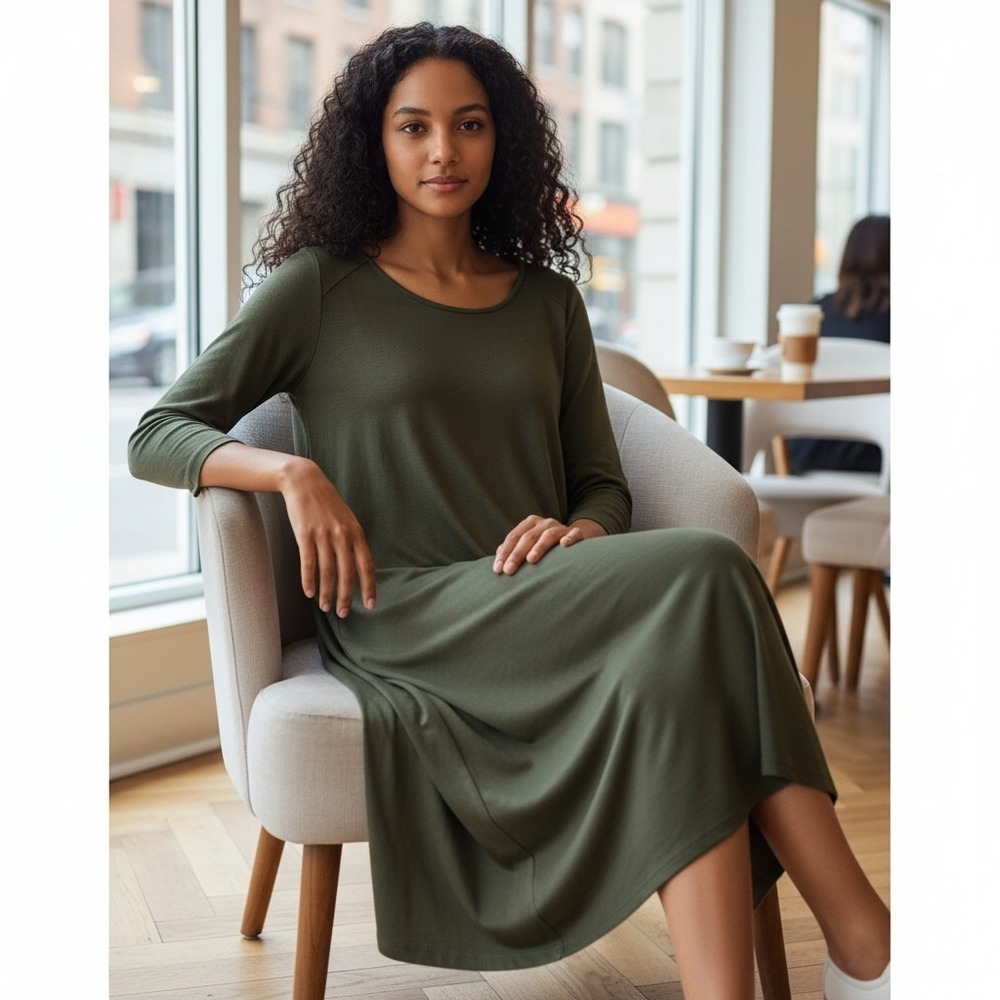 Garnet Hill Tencel Midi Dress Womens XS Olive Green 3/4 Sleeve Comfort Stretch
